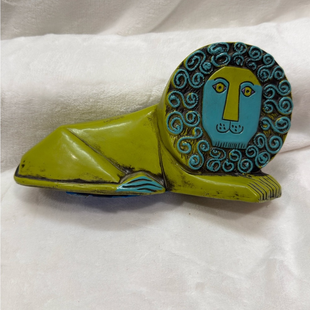 Vintage MCM Artistic Lion Sculptural Bank in Chartreuse Turquoise Papier Maché
